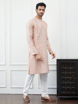 Men Peach Thread Work Cotton Kurta