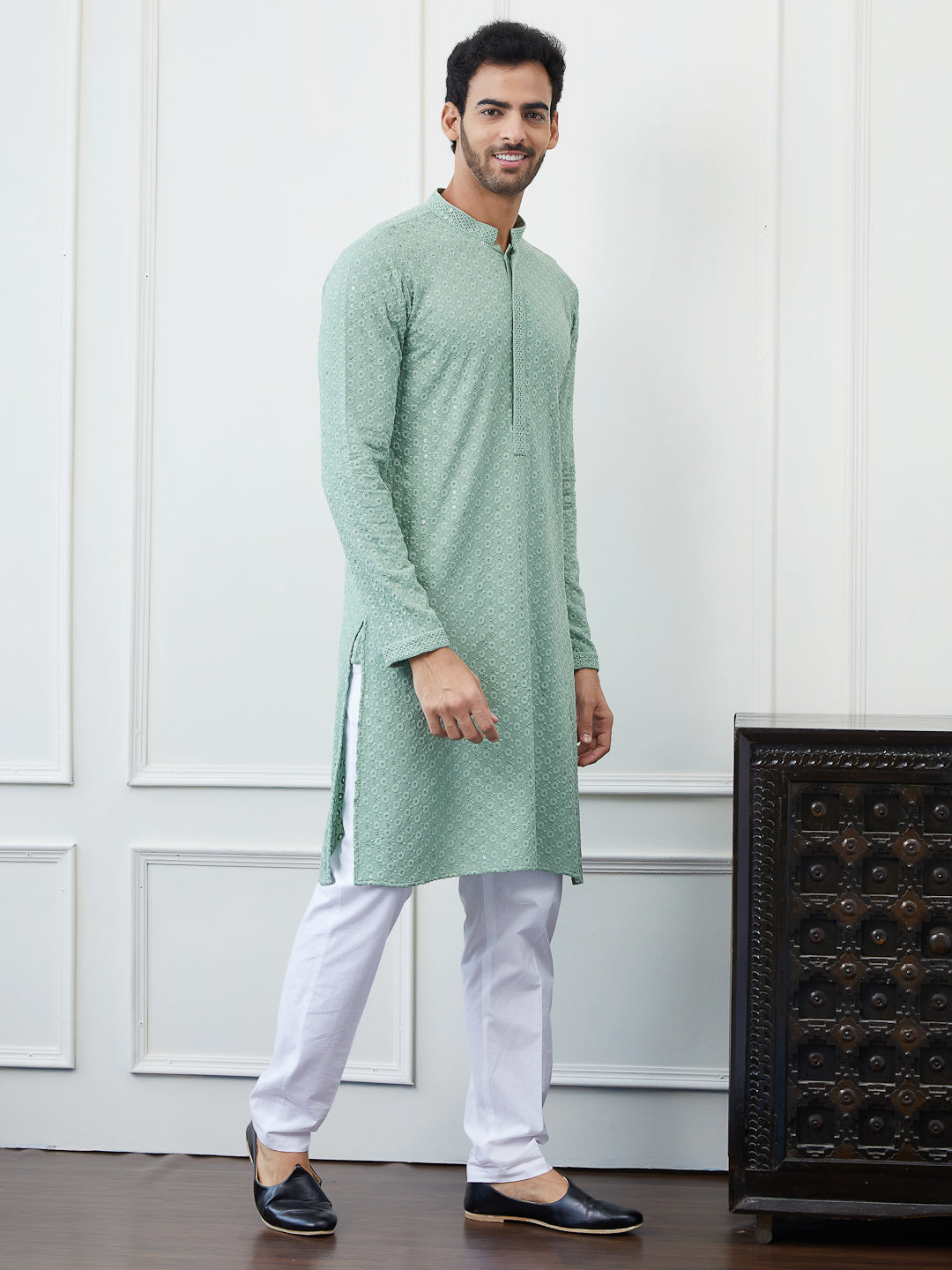 Men Pista Green Floral Embroidered Sequined Rayon Kurta & White Pajama