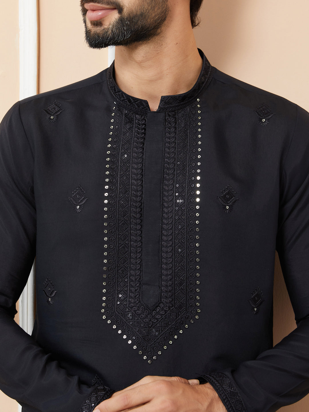 Black Embroidered Chanderi Silk Straight Kurta with Pyjama