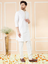 Cream Solid Cotton Emboridered Neckline Straight Kurta with Pyjama