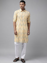 Yellow Regular Pure Cotton Pathani Printed Men's Kurta
