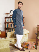 Men Teal Cotton Pintex Design Multi Thread Work Kurta