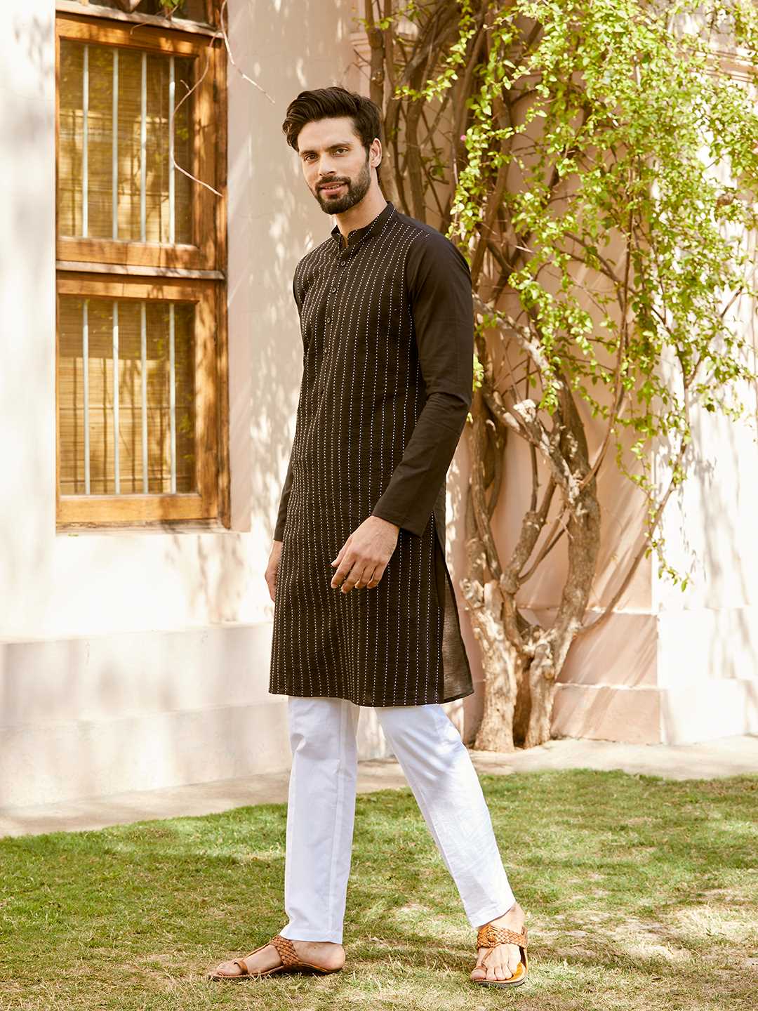 Men Black Cotton Pintex Design Thread Work Kurta With Pajama