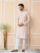 Light Pink Sequins Embroidered Pure Chanderi Silk Straight Kurta with Pyjama