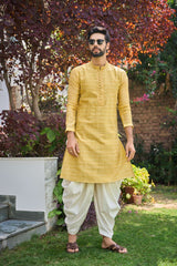 Men Mustard and White Printed Thread Work Kurta