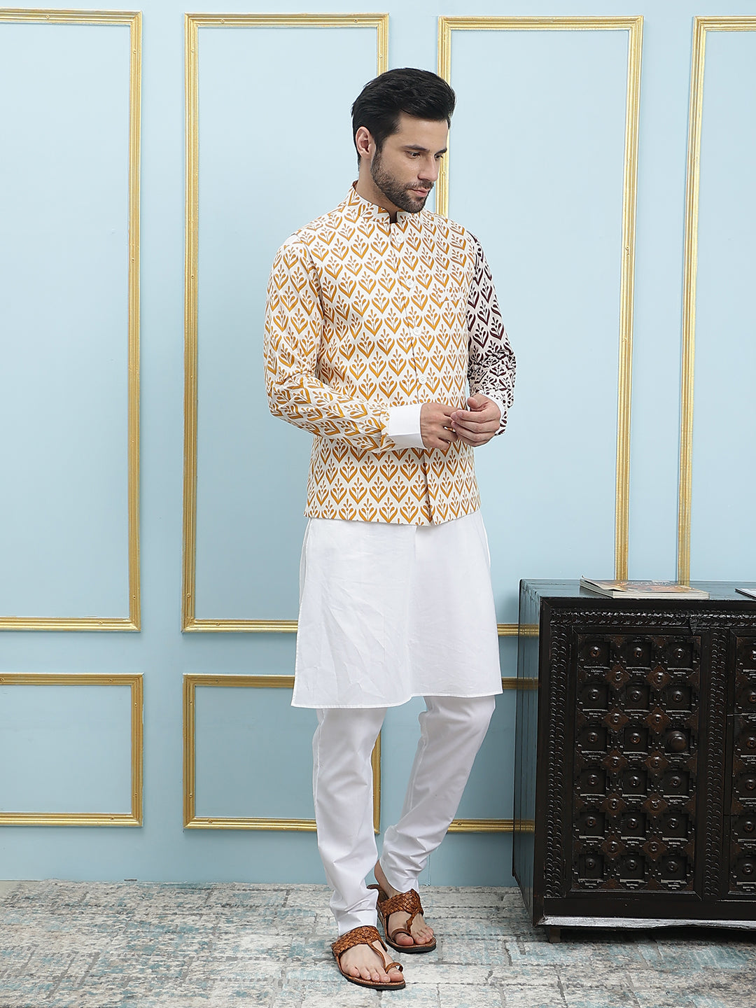 Men Off White And Yellow Color Printed Cotton Nehru Jacket