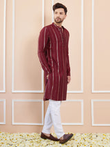 Men Burgundy And Gold Chanderi Silk Sequins Kurta With Pyjama