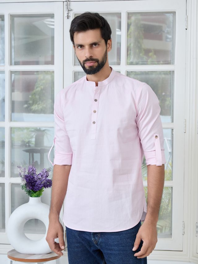 Men Pack Of 2 Pink & Peach Cotton Solid Short Kurta