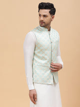 Men Gold & Turquoise Blue Woven Design Jacquard Nehru Jacket