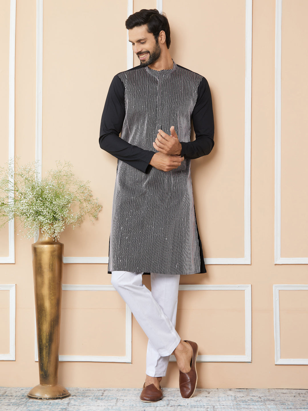 Black Thread & Sequins Worked Pure Cotton Straight Kurta with Pyjama