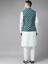 Men Teal Blue & Beige Printed Pure Cotton Nehru Jacket