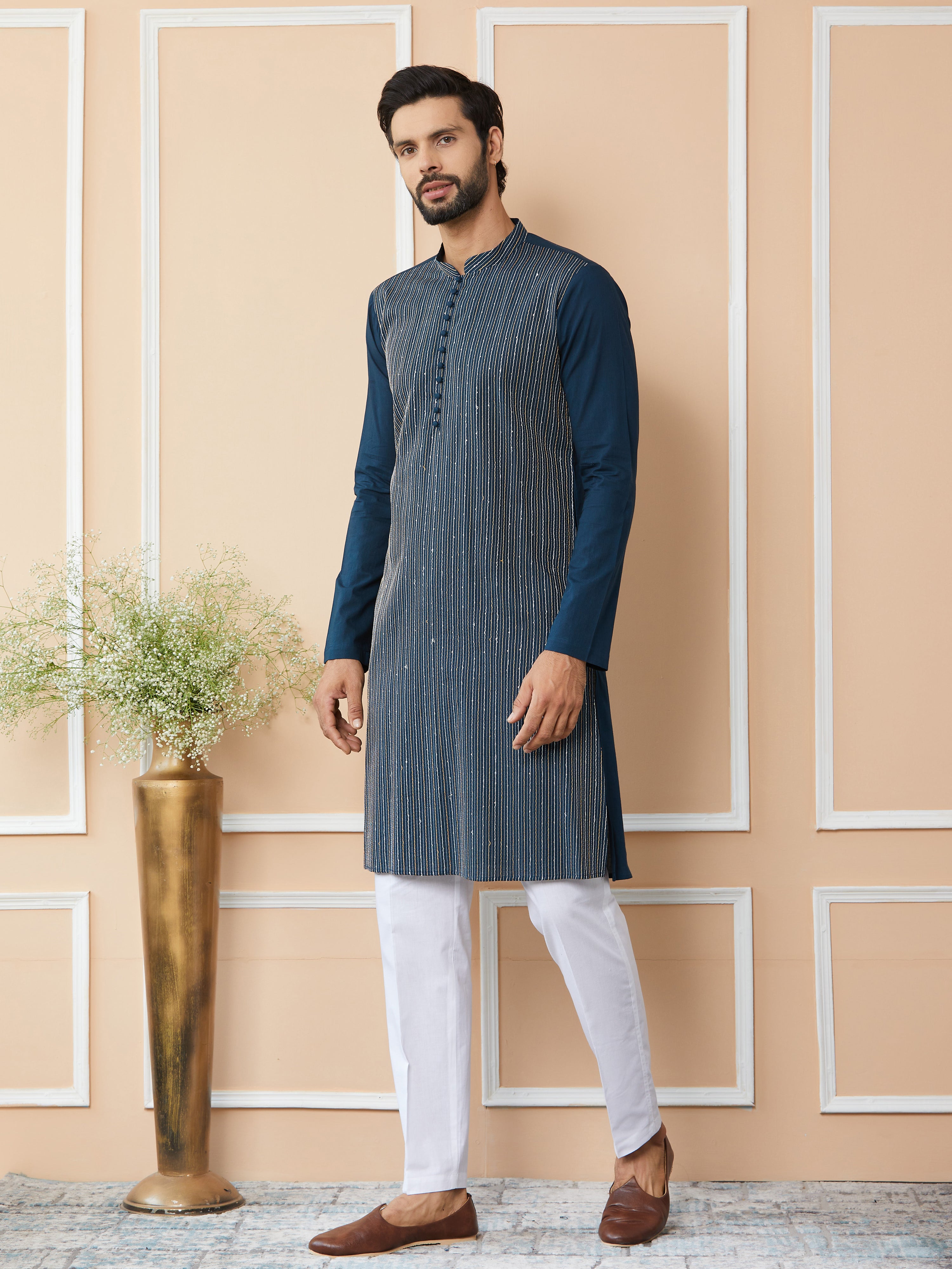 Dark Blue Thread & Sequins Worked Pure Cotton Straight Kurta with Pyjama