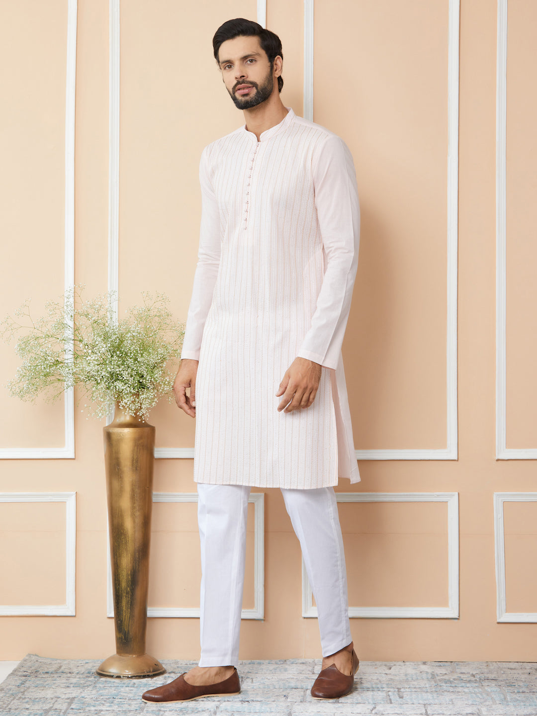 Light Pink Thread & Sequins Worked Pure Cotton Straight Kurta with Pyjama