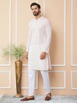 Light Pink Thread & Sequins Worked Pure Cotton Straight Kurta with Pyjama