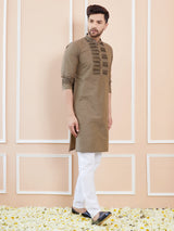 Dust Cotton Straight Kurta with Pintuck Yoke Neckline & Pyjama