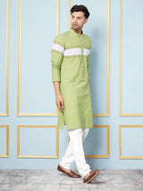 Men Lime Green and White Thread Work Kurta With pyjama