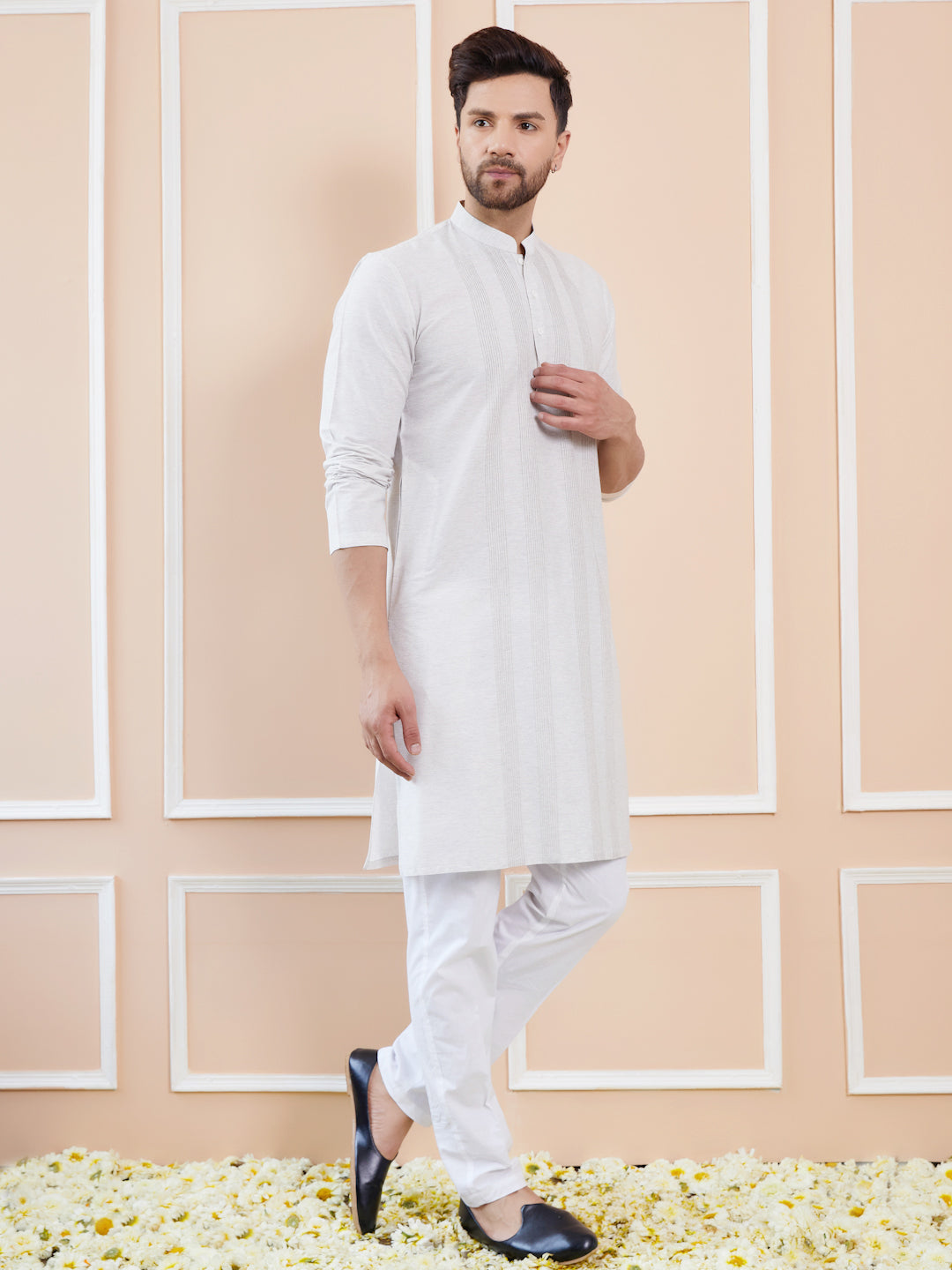 Men Off White Cotton Silk Pintex Design Thread Work Kurta