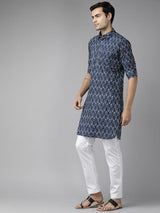 Men Indigo Regular Pure Cotton Pathani Printed Men's Kurta