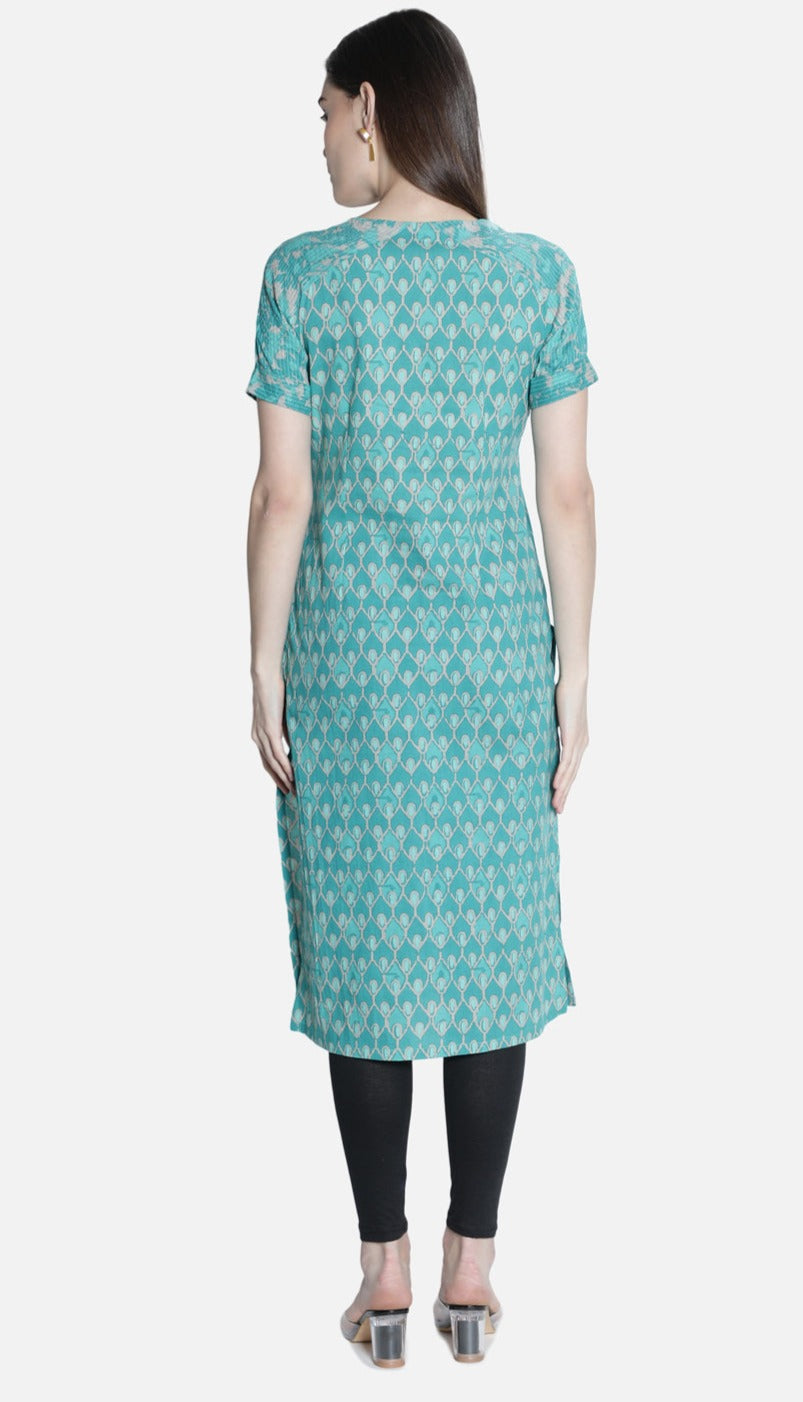 Women Sea Green Printed Straight Kurti