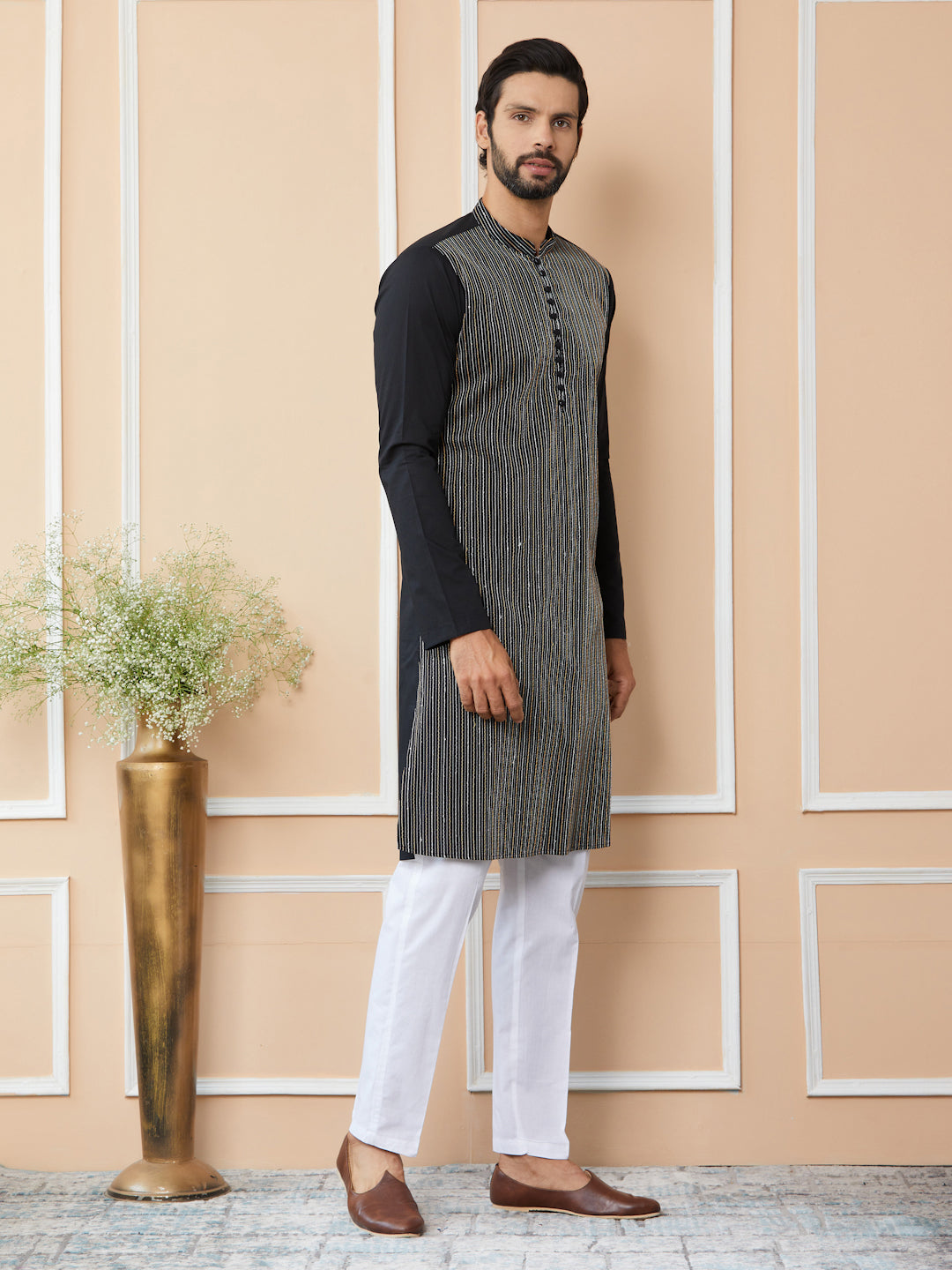 Black Thread & Sequins Worked Pure Cotton Straight Kurta with Pyjama
