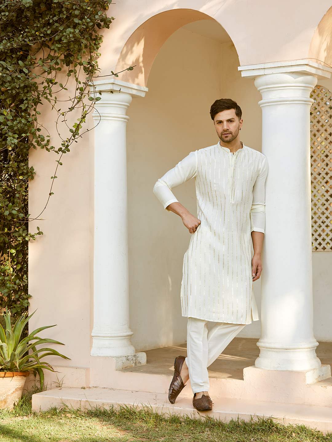 Men Ivory with Golden Accents Chanderi Silk Sequins Kurta With Pajama