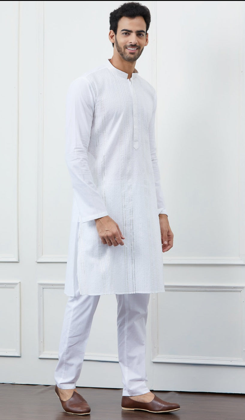 Men White Cotton Kurta With Silver Thread Work