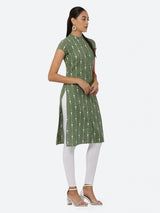 Women Green & White Khari Print Straight Kurti