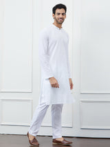 Men Classic Pure White Cotton Thread Work Kurta with Pajama