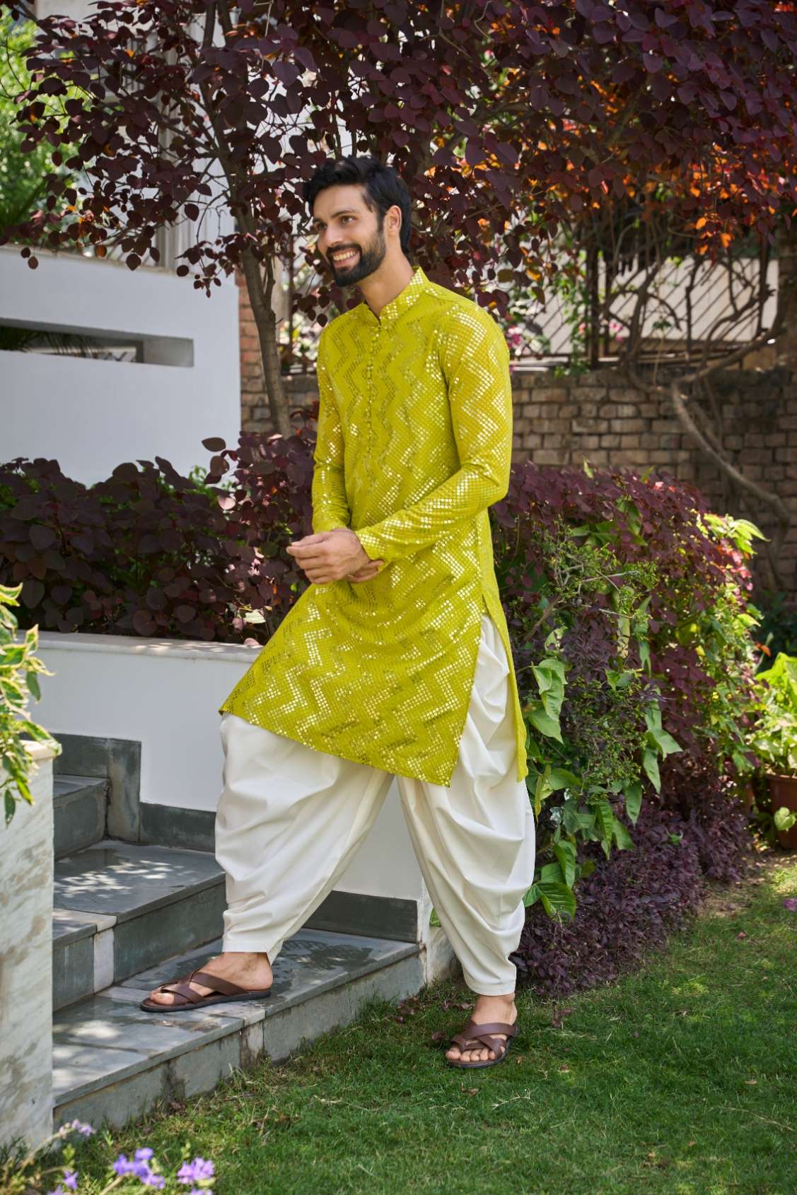 Men Lime Green Sequins Woven Designs Kurta With Patiala Salwar