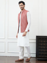 Men Burgundy Color Woven Design Embroidery Cotton Nehru Jacket