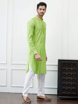 Men Bright Lime Green with Subtle Silver Sequin Stripes Cotton Kurta Set