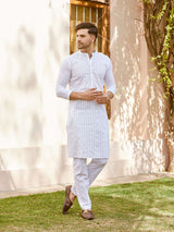 Men White Cotton Pintex Design Thread Work Kurta With Pajama