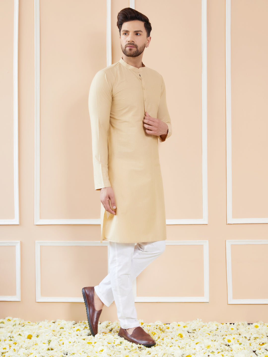 Men Regal Sand Cotton Straight Kurta