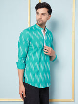 Men Turquoise & White Printed Cotton Short Kurta