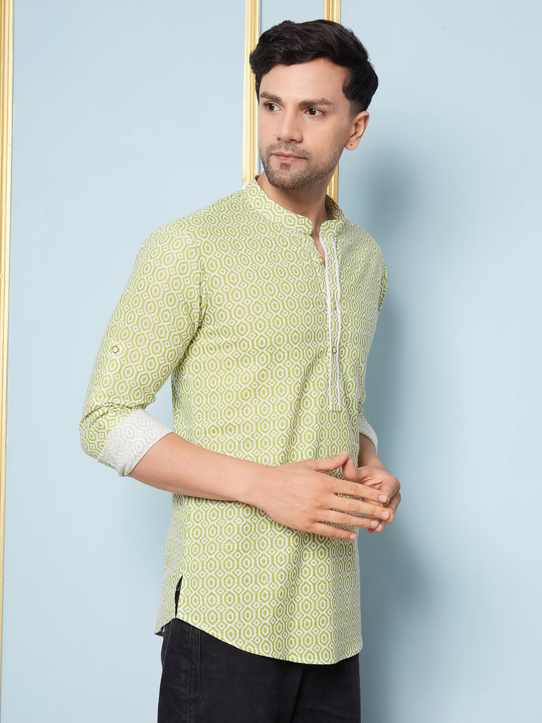 Men Lime Green & White Printed Cotton Short Kurta