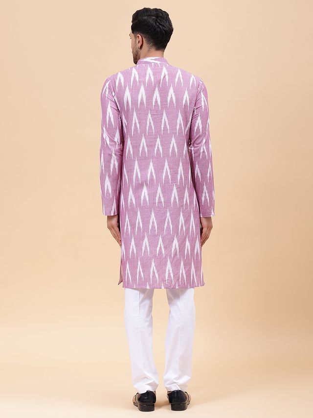 Men Lavender & White Pure Cotton Printed Straight Kurta With pyjama