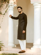 Men Jet Black with Silver Stripes Chanderi Silk Sequins Kurta With Pajama