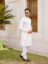 Men White Cotton Pintex Design Multi Thread Work Kurta With Pajama