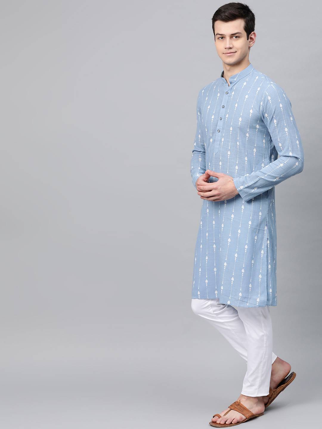 Men Blue & White Printed Straight Kurta