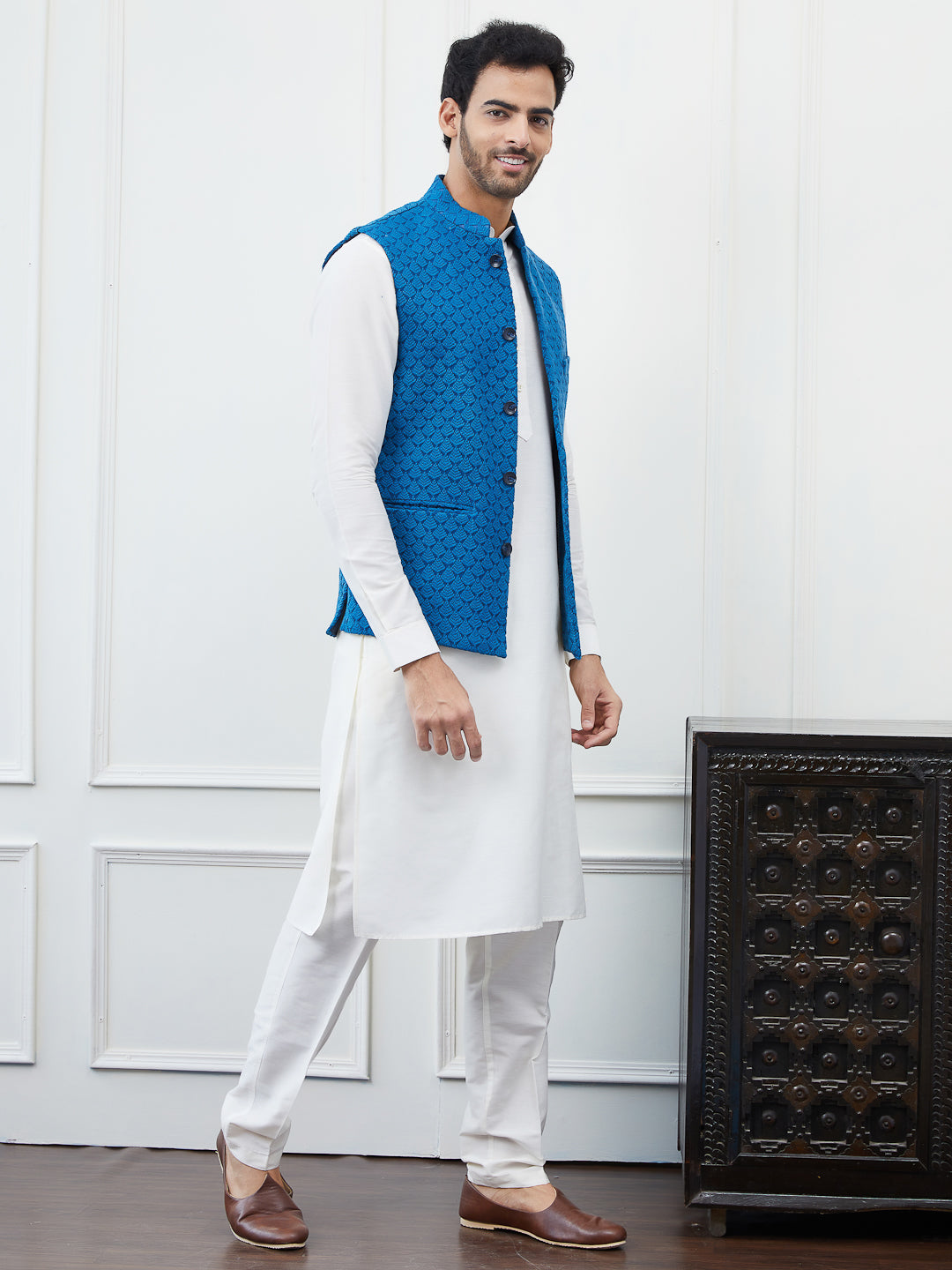 Men Blue Color Woven Design Embroidery Cotton Nehru Jacket