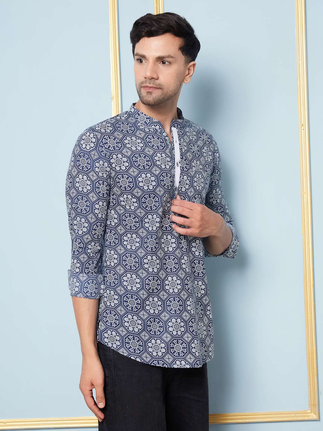 Men Blue & White Hexa Floral Printed Cotton Short Kurta