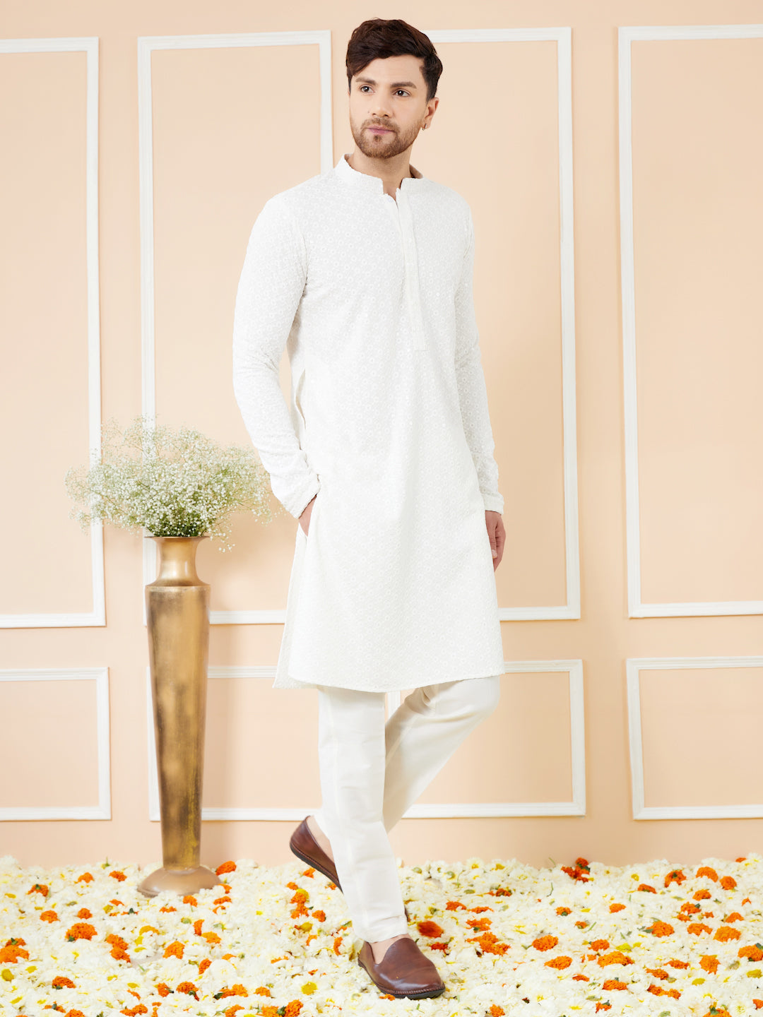 Men White Embroidered Sequins Rayon Kurta Set
