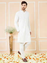 Men White Embroidered Sequins Rayon Kurta Set