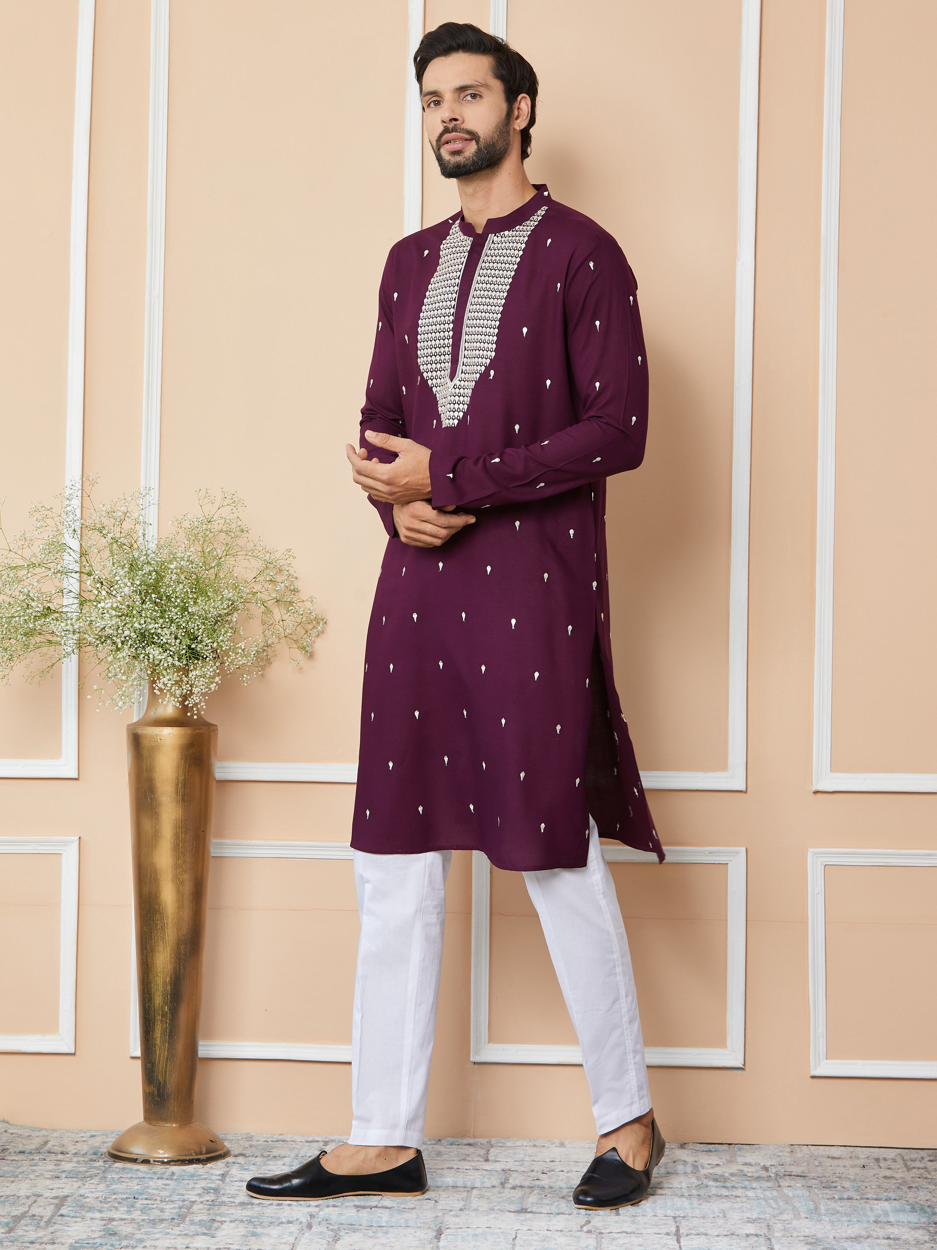 Purple Sequins Embroidered Rayon Straight Kurta with Yoke Design and Pyjama