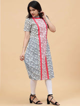 Women White with Multicolor Floral Printed Yoke Design Cotton Kurti