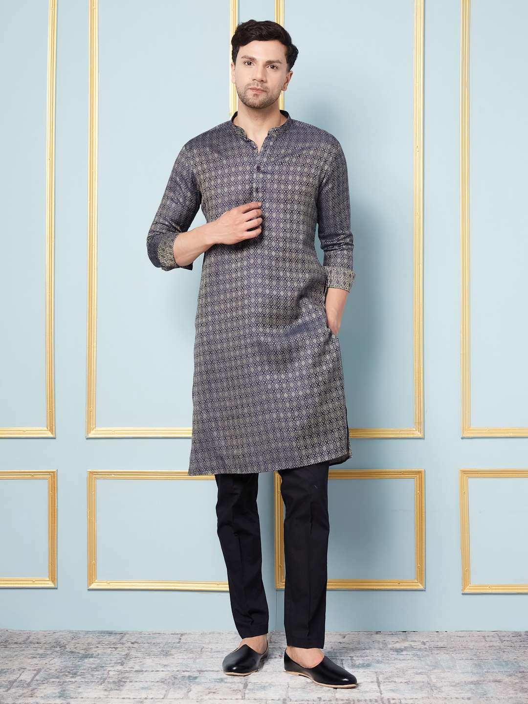 Men Blue & Gold Woven Design Thread Work Kurta