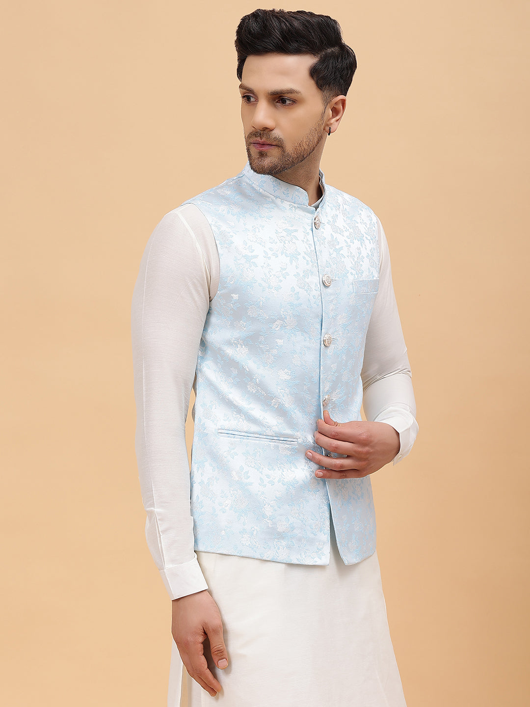 Men Turquoise Blue & Gold Woven Design Jacquard Nehru Jacket