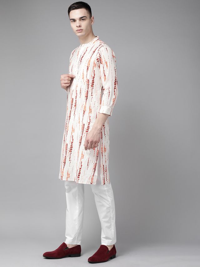 Men White Multi Tie and dye Print Design Straight Kurta With Pyjama