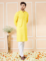 Men Yellow Floral Embroidered Sequined Rayon Kurta