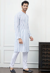 Men White And Blue Floral Chikankari Embroidery Cotton Kurta